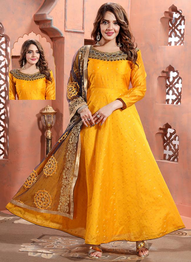 Golden Chanderi Silk Party Wear Hand Work Readymade Salwar Suit